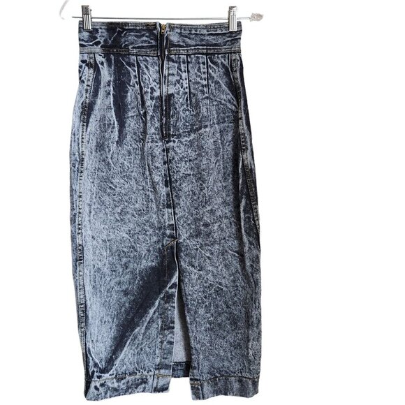 Vtg 80s Acid Wash Jean Denim Maxi Skirt Western W27" Straight Ultra High Waist - Picture 4 of 14